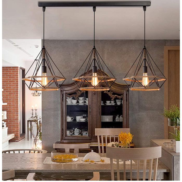 UNI 25cm Lustre Suspension Vintage Industrielle E27 25cm Cage Diamant en Corde de Chanvre Noir
