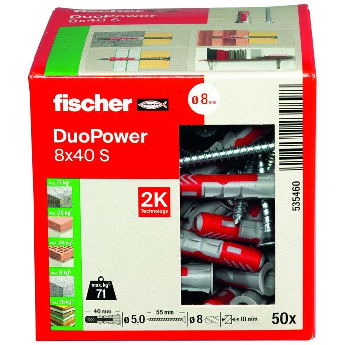 FISCHER Cheville tous matériaux DuoPower 8x40 mm avec vis Boîte de