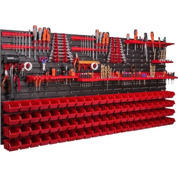 88 pcs. Boîtes, Étagère murale pour système de rangement 172x78 cm, Porte-outils, empilables Étagère de chute - Rouge