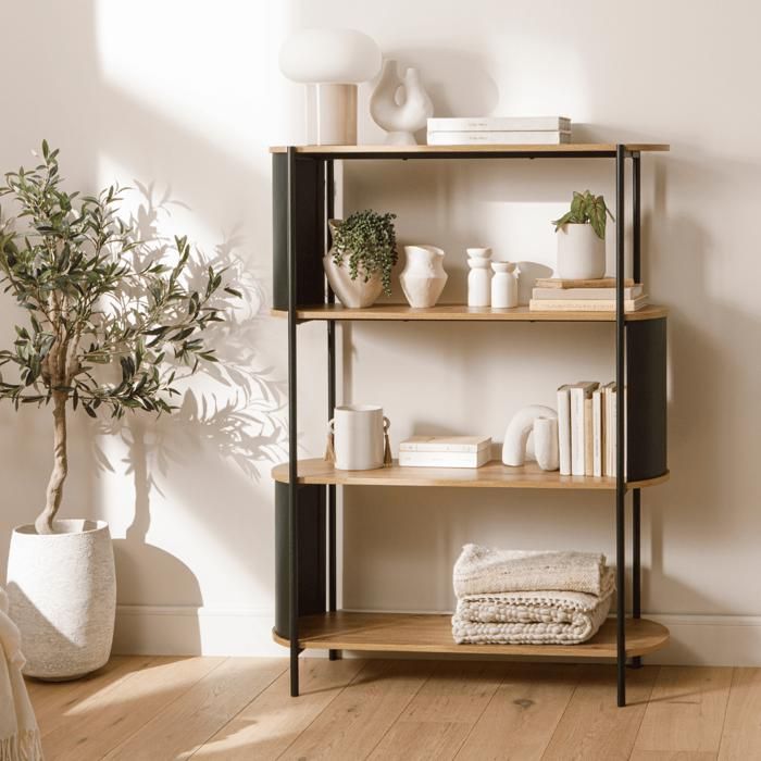 CALICOSY - Etagère 4 niveaux décor bois avec flancs en métal noir H134 cm - EKLO - Bois clair