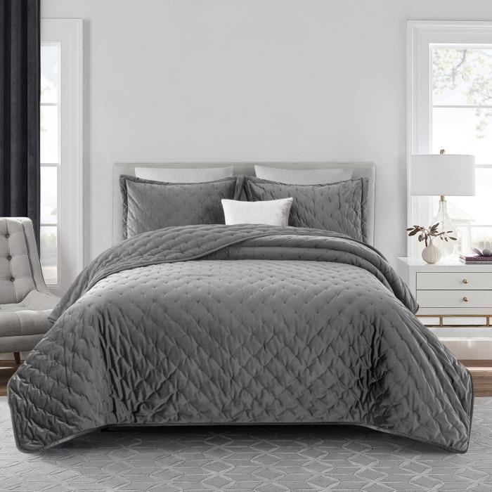 Couvrelit matelassé en velours moelleux King (240 x 240 cm) 2 Taies
