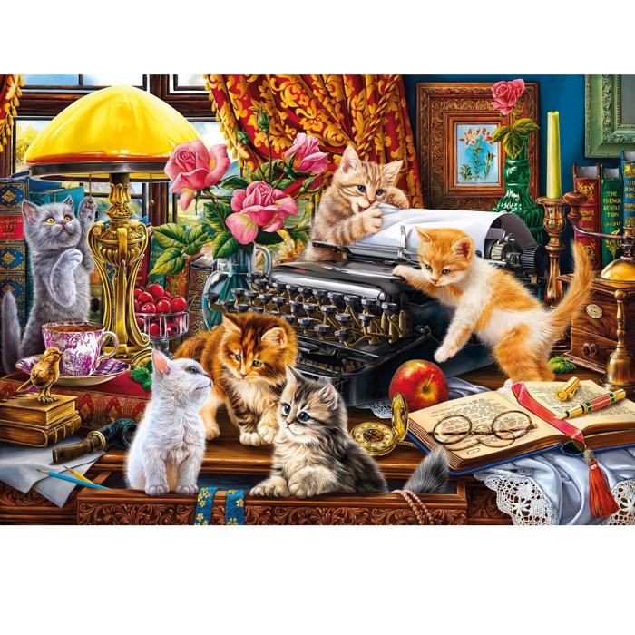 Puzzle 500 pièces : Chatons dans le bureau de lécrivain Puzzle 500 pièces : Chatons dans le bureau de lécrivain