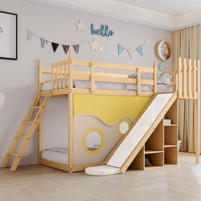 Lit superposé en bois massif 100x200 - adulte-enfant - N02 - Échelle à gauche ou droite