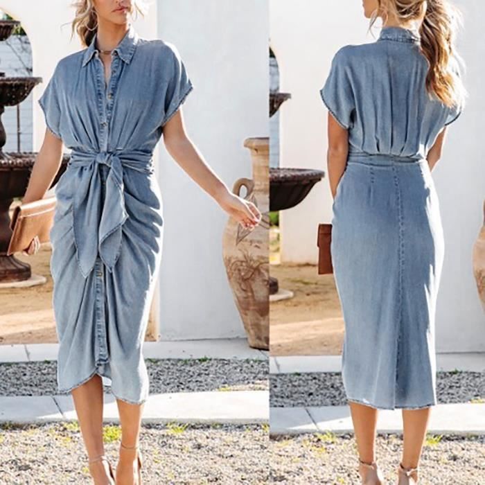 Robe Femme Robe En Jean A Col En V Et Manches Courtes A Taille Boutonnee Bleu Clair Bleu clair Cdiscount Pret a Porter