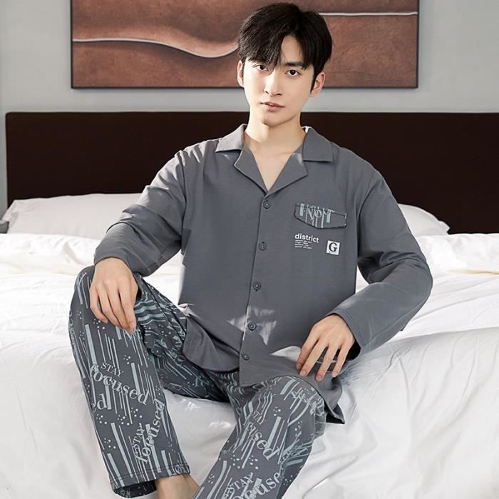 Pyjama Homme 2 Pi ces En Coton Col Revers Manches Longues