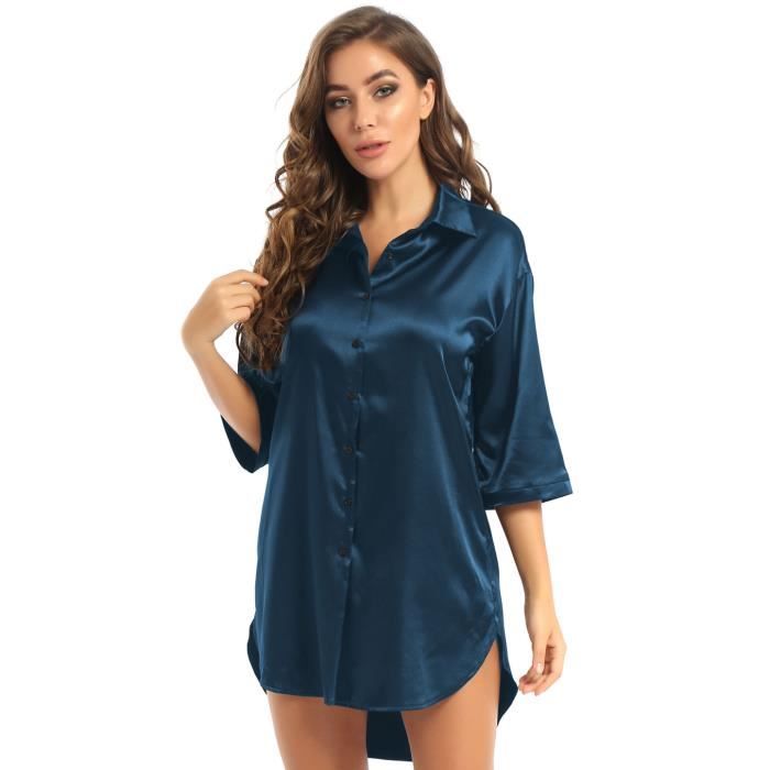 Freebily Chemise de Nuit Femme Satin Ensemble Pyjama Col V Robe de