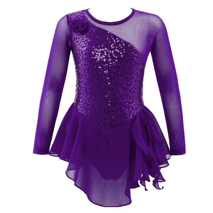 Robe De Patinage Artistique Fille - Justaucorps Asymétrique Avec Strass, Manches Longues, 85% Polyester