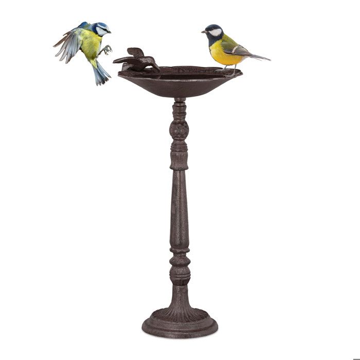 Meilleurs prix pour Relaxdays Abreuvoir en fonte sur colonne, Décoration pour jardin,mangeoire avec soucoupe pour oiseaux sauvages  40 cm, haut brun -