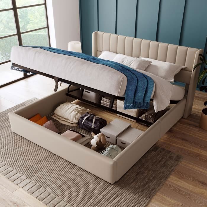Lit coffre Lit de rangement Lit rembourré hydraulique lit avec sommier Lit double Lit 140x200 cm lin beige
