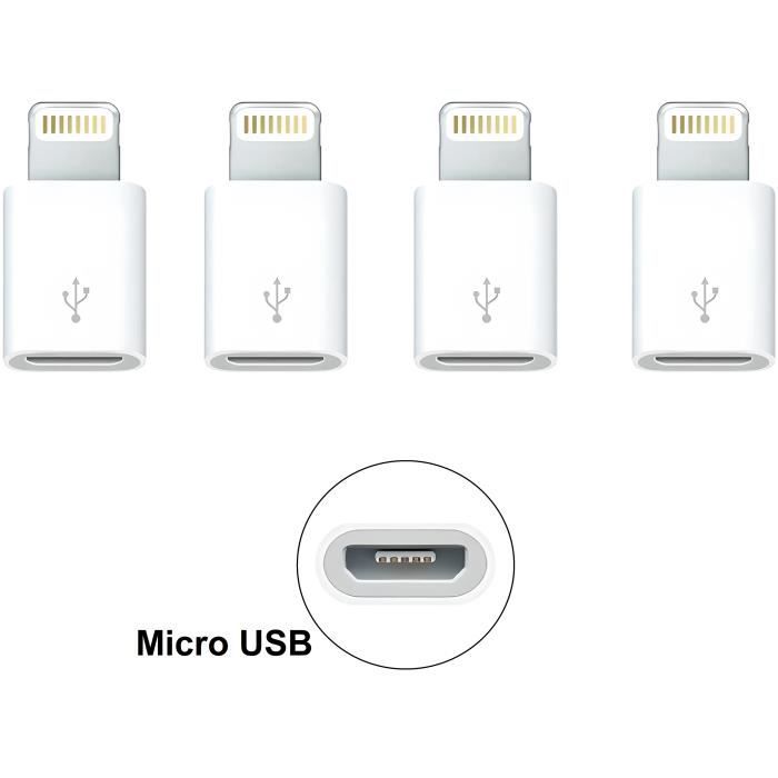 Lot 4 Adaptateurs compatible Lightning vers micro USB - Charge et synchronisation – blanc