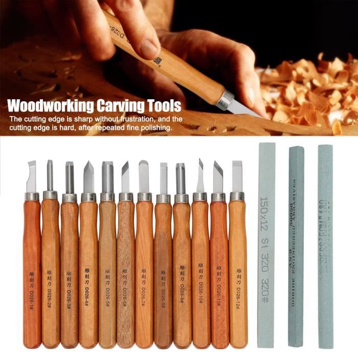 Ensemble d'outils de sculpture sur bois 12 pièces, kit professionnel de sculpture – Couteau à découper, couteau à découper, couteau à découper, aiguiseur de couteaux pour cuillère, bol, tasse de