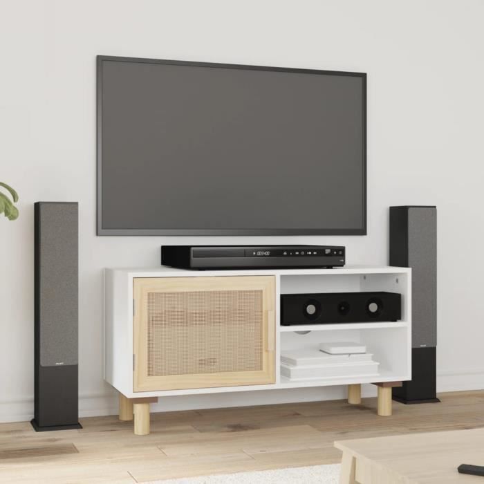 yaj-meuble tv blanc 80x30x40 cm bois de pin massif et rotin naturel-yaj345612