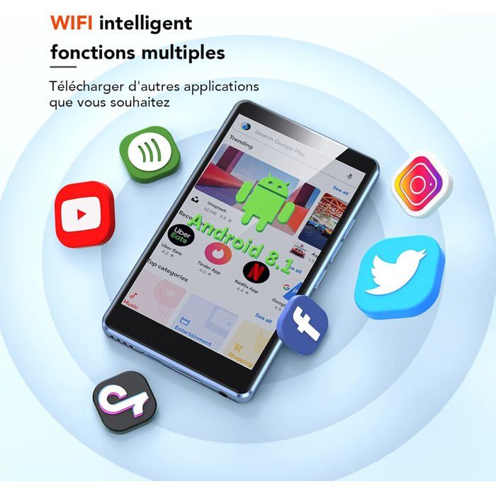 Lecteur MP4 Android WiFi Bluetooth 16 Go Pour Enfants - Musique, Vidéos, Apps Contrôlées (Spotify, YouTube...)