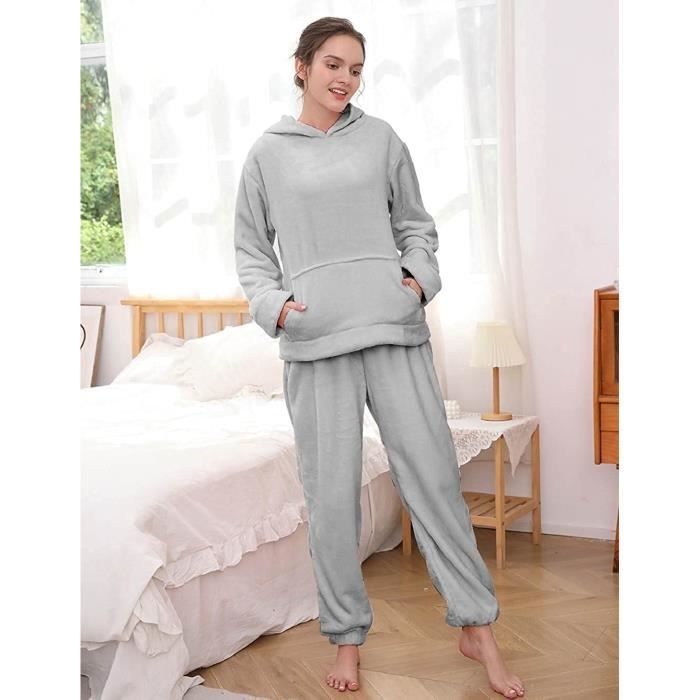 Ensembles de pyjama femme en polaire pyjamas 2 pièces sweat capuche avec  poche manches longues et pantalon pyjama hiver doux [39] Gris m - Cdiscount  Prêt-à-Porter