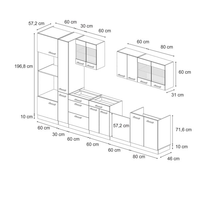 Vicco Cuisine R-Line, Chêne doré/Anthracite, 240cm sans PT, Compatible avec d'autres modules R-Line