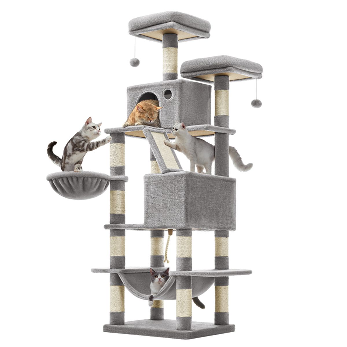 FEANDREA Arbre à Chat, Tour de Jeux, Hauteur 135 cm, Niche Multi-niveaux, en Tissu Peluche, avec Housse Amovible et Lavable, Griffoir et Planche à Griffer, Panier, Niche, Gris Foncé