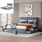 Lit double capitonné - JAERLIUB - 140x200cm - 4 tiroirs - Lin et bois - Bleu