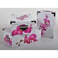 3 Grandes Boites de Rangement - Carton Impr. Orchidée Rose/Blanc Angles/Poignées Métal. 31.5x22x12-33.5x23x13-36x25x13.5cm