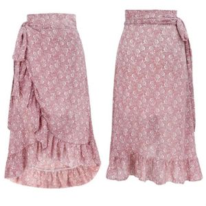 JUPE Jupe mi-longue florale asymétrique jupe en mousseline décontractée été jupe fendue A-line jupe taille haute,rose S