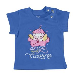 T-SHIRT T-shirt Bébé Manche Courte Bleu Ange Croisé Licorne Dessin Original Illustration Mignon