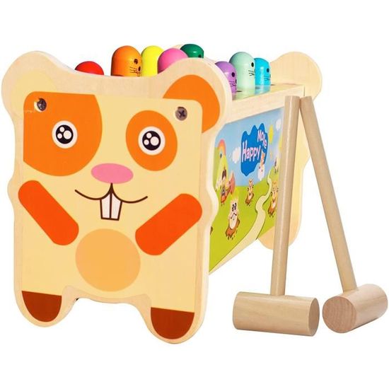 Jouet Marteau Montessori NUKied – 5 En 1 : Taupe, Xylophone, Pêche, Vers Et Frappe – Bois – Dès 1 An
