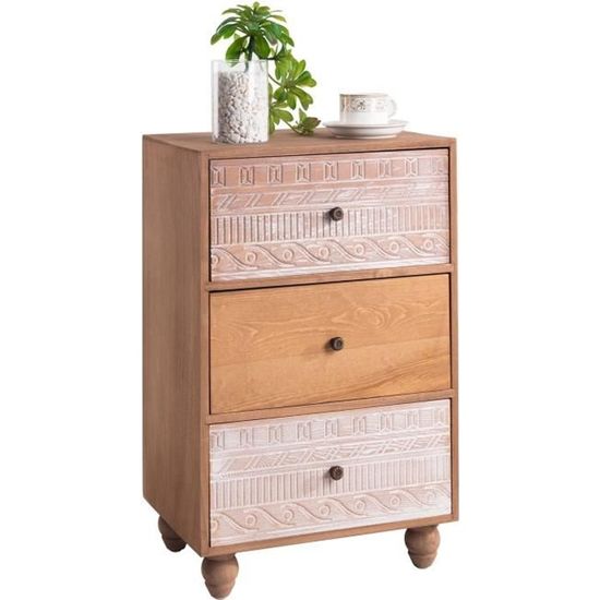 Commode TILDA meuble de rangement chiffonnier avec 3 tiroirs en bois de paulownia brun style vintage ethnique exotique avec gravures