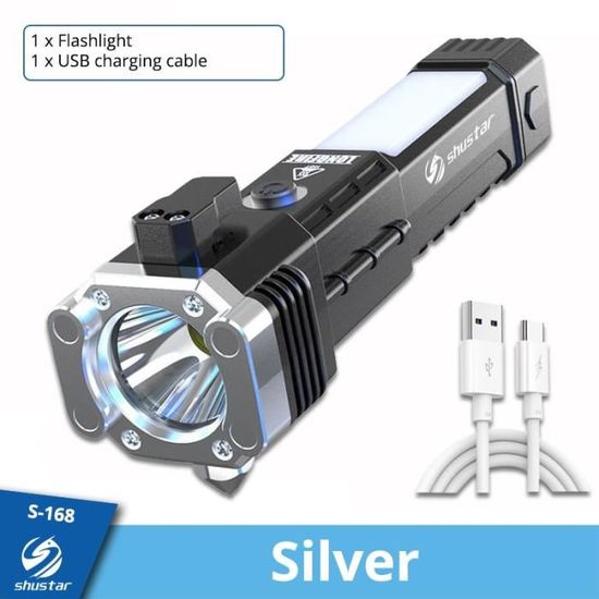 BALADEUSE,Silver-Rechargeable--Lampe de poche LED Super lumineuse avec marteau de sécurité et aimants puissants, torche latéral