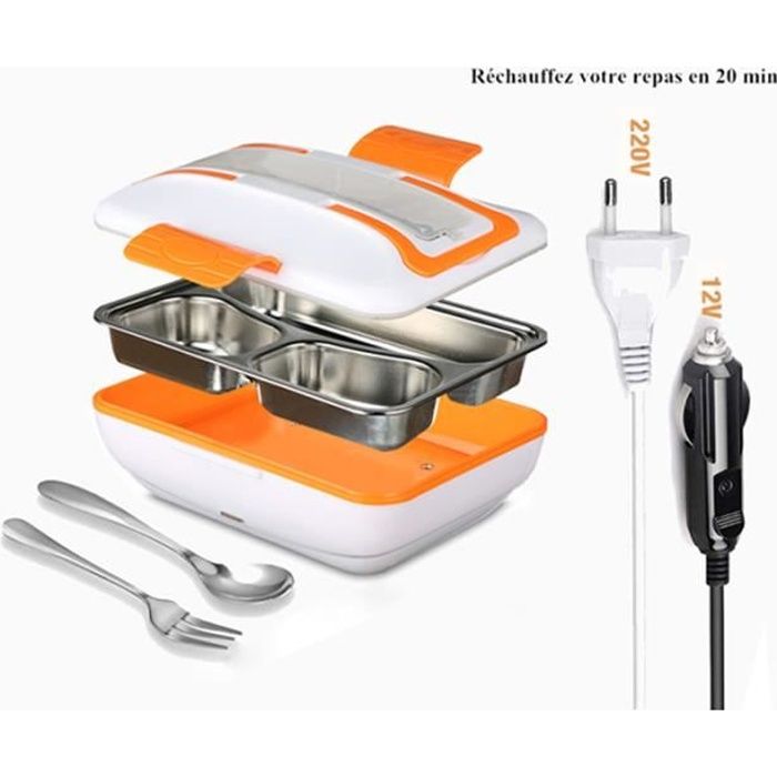 Boîte Chauffante Électrique, Lunch Box Chauffant 220V 12V Boîte Repas Amovible en Acier Inoxydable 1,5L-Orange