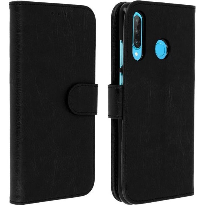 Housse Huawei P30 Lite Étui Folio Portefeuille Support Stand Noir