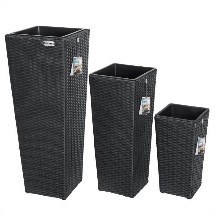 Set de 3 Pots de Fleurs bac à Fleurs Noir polyrotin Pot intérieur Amovible Design élégant résistant aux intempéries et UV intérieur