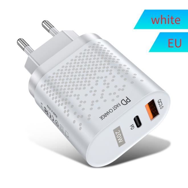 Chargeur rapide Qc3.0 20w blanc pour apple 11 12 13 ou samsung, USB-A+Type-c double port, compatible avec Apple Android