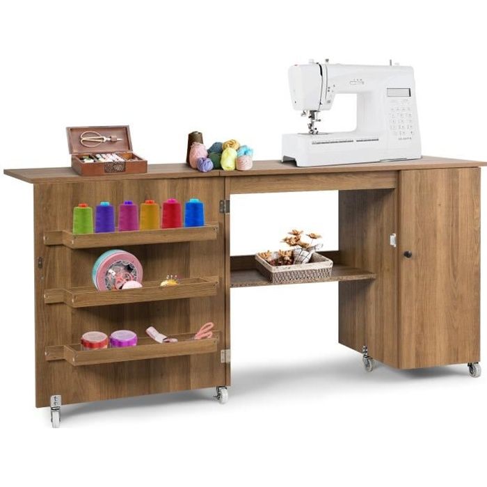 GIANTEX Table de Couture Pliante pour Machine à Coudre avec Roulettes,4 Étagères de Rangement,Table d’Ordinateur,158x50x75cm,Naturel