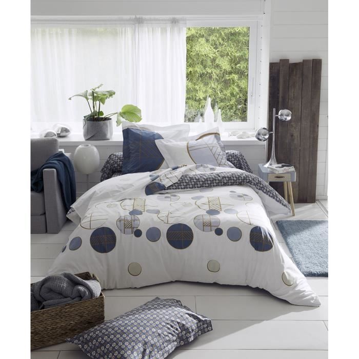 Parure de couette imprimée géométrie ronde Blanc Bleu 260 x 240+2 TO 65 x 65 cm