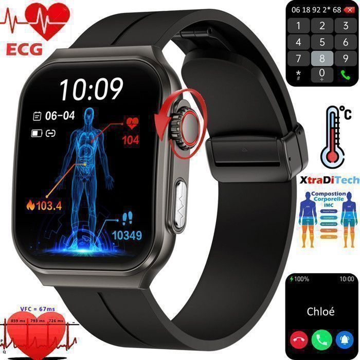 Montre Connectée Homme Smartwatch Femme ECG PPG BLE4 IP68 Alliage Aluminium Écran Anti-dactylogramme Bracelet Silicone Dépolissement