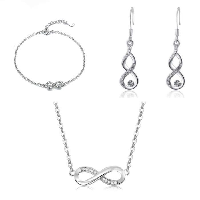 Parure Femme Collier Bracelet Boucles D'Oreilles Infini Premium V4 Argenté