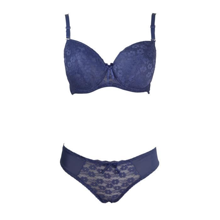 Ensemble 110D dentelle bleu soutien gorge et culotte lingerie grande taille