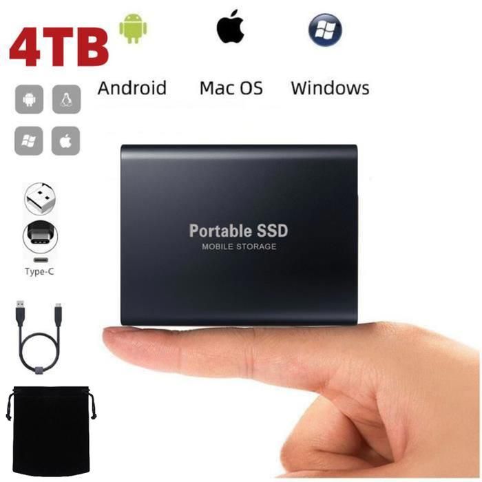 Disque Dur SSD Externe Portable 4TB 4To Couleur Noir avec OTG Type-C USB +  Pochette Sac de Stockage en Tissu