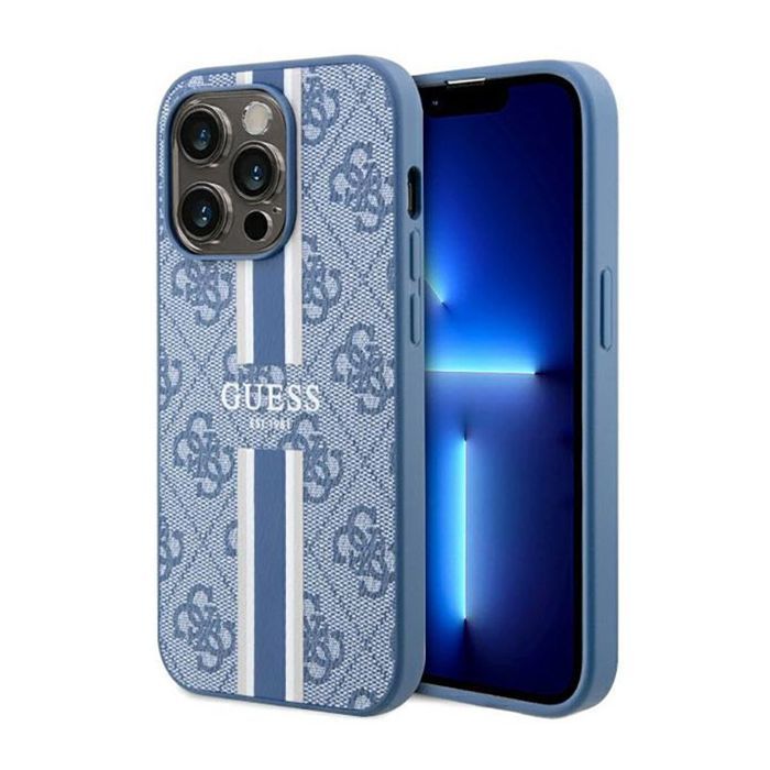 Guess Coque telephone - bumper telephone GUHMP14LP4RPSB Coque rigide pour iPhone 14 Pro 61 Bleu à rayures imprimées 4G Bleu - vue 4