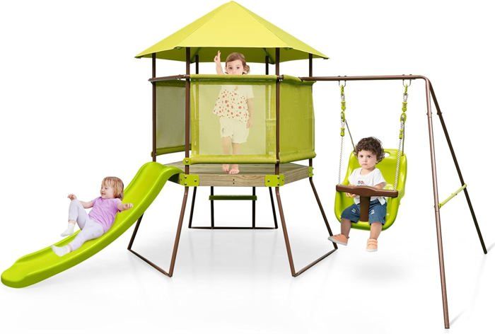 GOPLUS Toboggan Aire de Jeux pour Enfants, Aire de Jeux avec Panier de Basket, Toboggan