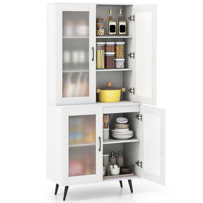 Buffet de Cuisine 1785 cm COSTWAY 4 Portes Transparentes Étagère Réglable Pieds en Métal Meuble de Rangement pour Salon Blanc
