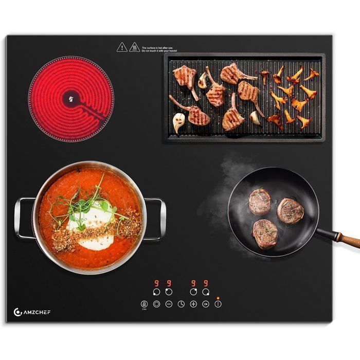 AMZCHEF Plaque Vitrocéramique 4 Foyers Plaque de Cuisson 7300W 9 Niveaux de Puissance Sécurité Enfant Encastrable Noir