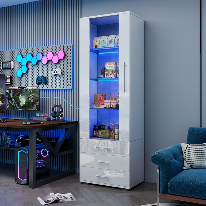 Vitrine Blanche verre LED 3 tiroirs 60x35x180cm pour salon