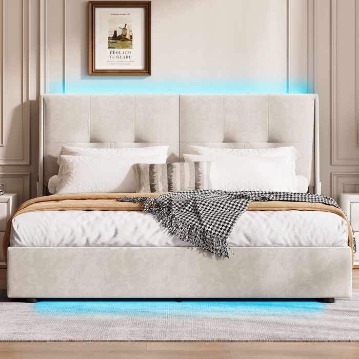 Lit Double 160x200 Avec Rangement Et LED - Tête De Lit Capitonnée Velours Beige - Cadre Robuste - Livré Sans Matelas - 7
