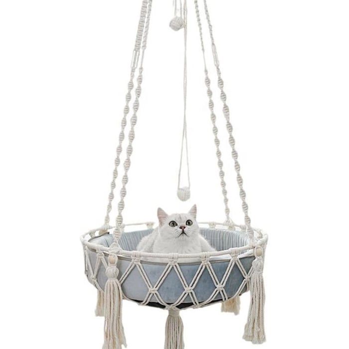 Hamac pour chat en macramé - ULISEM - 40 cm de large - Tissé à la main - Pompon décoratif - Lit suspendu - Confortable
