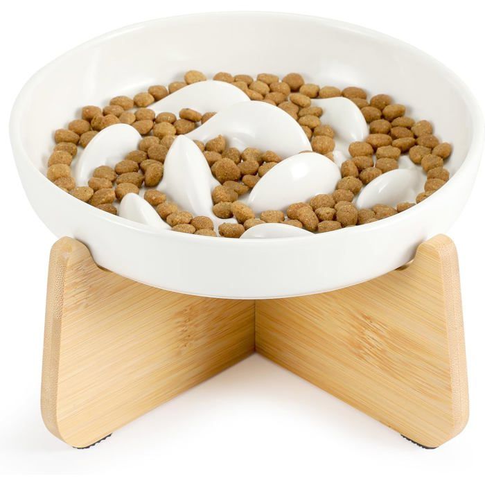 Gamelle Anti Glouton Chat Céramique avec Bambou SupportAnti Vomissements Gamelle pour Chat Manger Lentement pour Wet/Dry Food