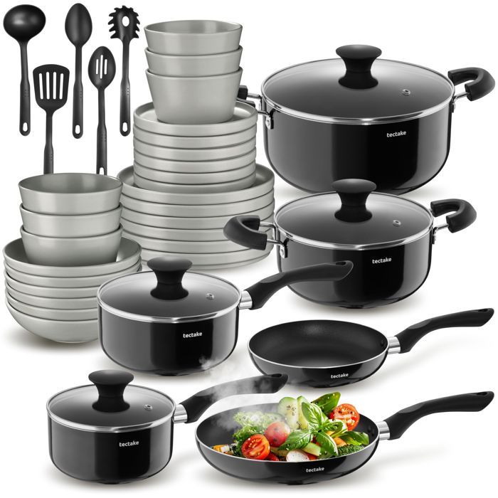 Set de cuisine - TECTAKE - Kit de cuisine complet induction Set vaisselle 24 pièces empilable micro-ondes en grès - Gris/Noir