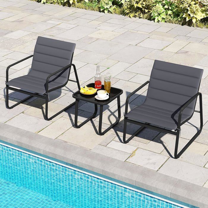 COSTWAY Ensemble 3 Pièces Table et Chaises de Jardin Extérieur Coussins Amovibles Plateau en Verre Trempé Sièges Respirants
