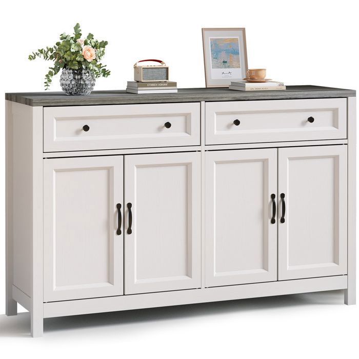 Buffet de Cuisine - Bealife - 4 Portes - 2 Tiroirs - Étagères Réglables - Salon - Meuble Bas Cuisine - Plateau Gris - 140x40x90cm