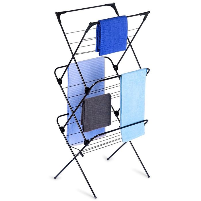 Séchoir à linge vertical - Vilde - Métallique - Noir - 61x58x136 cm - Trois niveaux - 26 tiges
