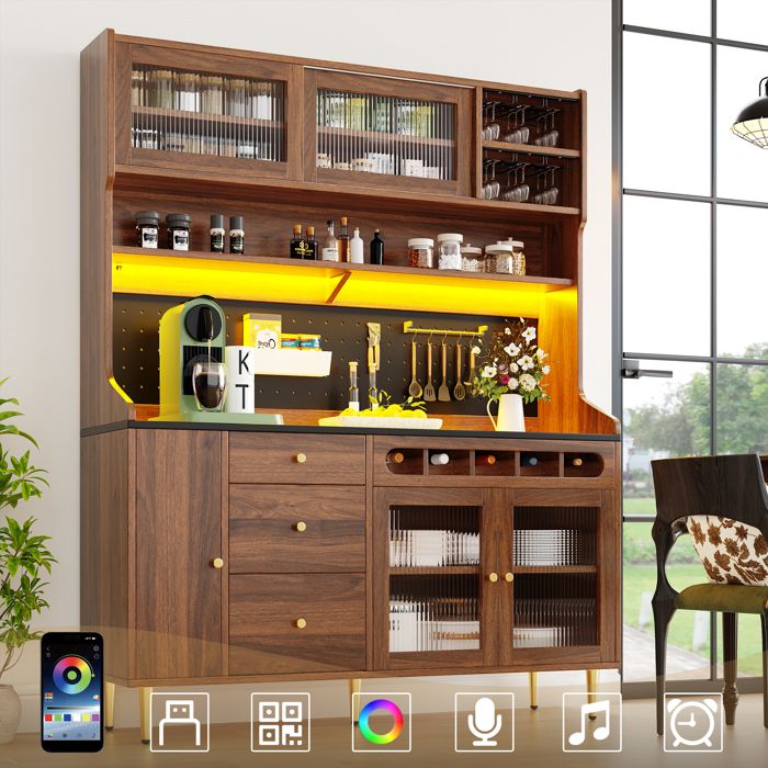 Armoire haute avec éclairage LED - 145x39x171 cm - Noyer - Éclairage LED contrôlé par application - Étagères réglables
